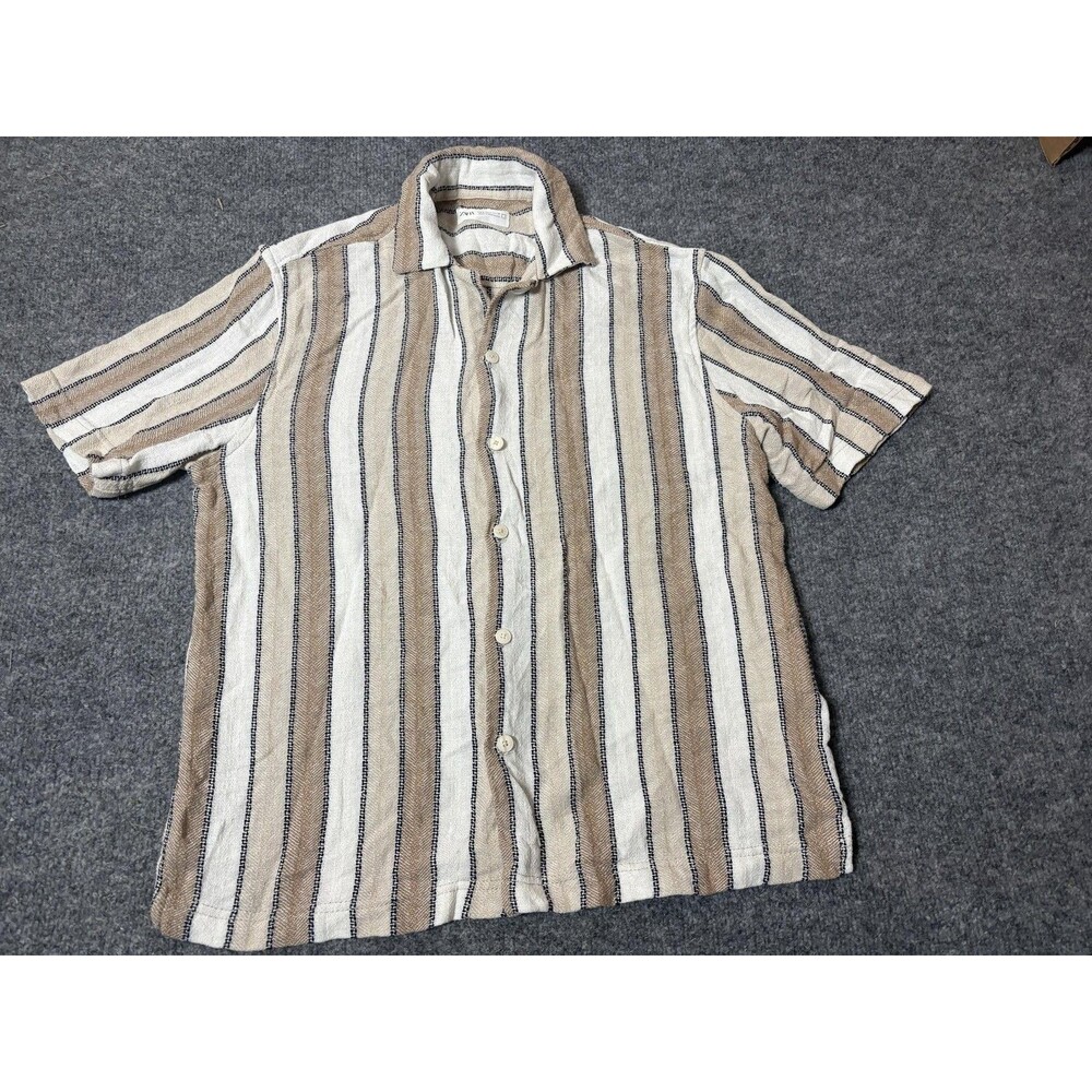 Zara Shirt Mens S Brown Beige White Stripe Short Sleeve Woven Button-Up Casual